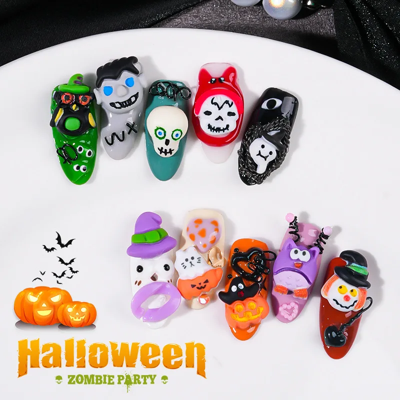 10pcs/lot Halloween Funny Little Ghost Nail Jewelry Cartoon Resin Ghost Pumpkin Ghost Face Phone Case Jewelry Accessories