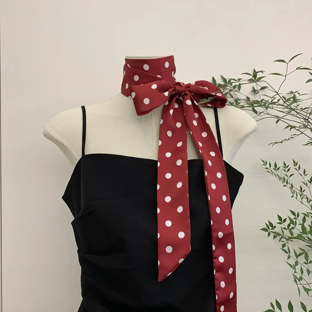 

Милый корейский модный длинный полосатый шарф с лентой для девочек, женские тонкие шарфы в горошек, уличный теплый подарок, элегантный декоративный шейный платок