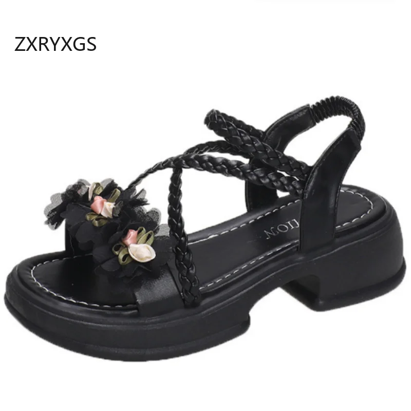 ZXRYXGS Summer Fresh and Sweet Women Flowers Sandals 2025 Premium Pu Leather Open Toe Sandals Thick Sole Mid Heel Sandals Tide