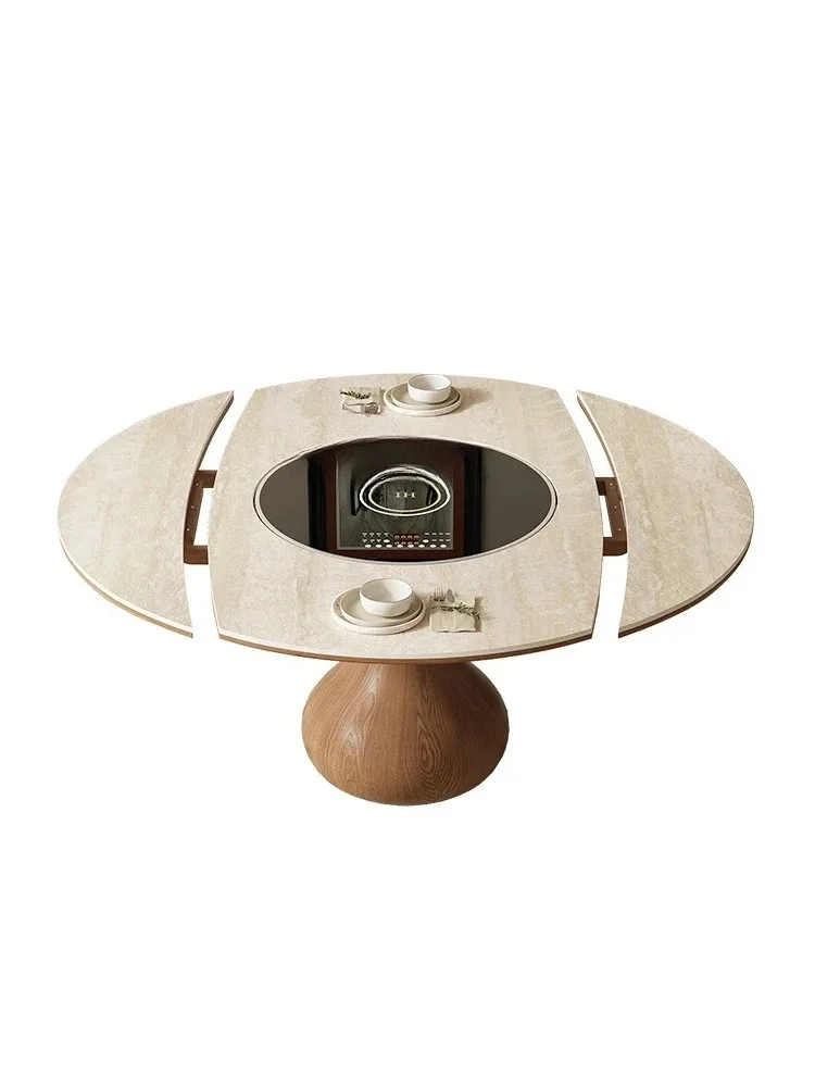 

Квадратный и круглый обеденный стол из травертиновой каменной плиты и комбинация стульев из массива дерева, выдвижной, инкрустированный проигрыватель, обеденный стол