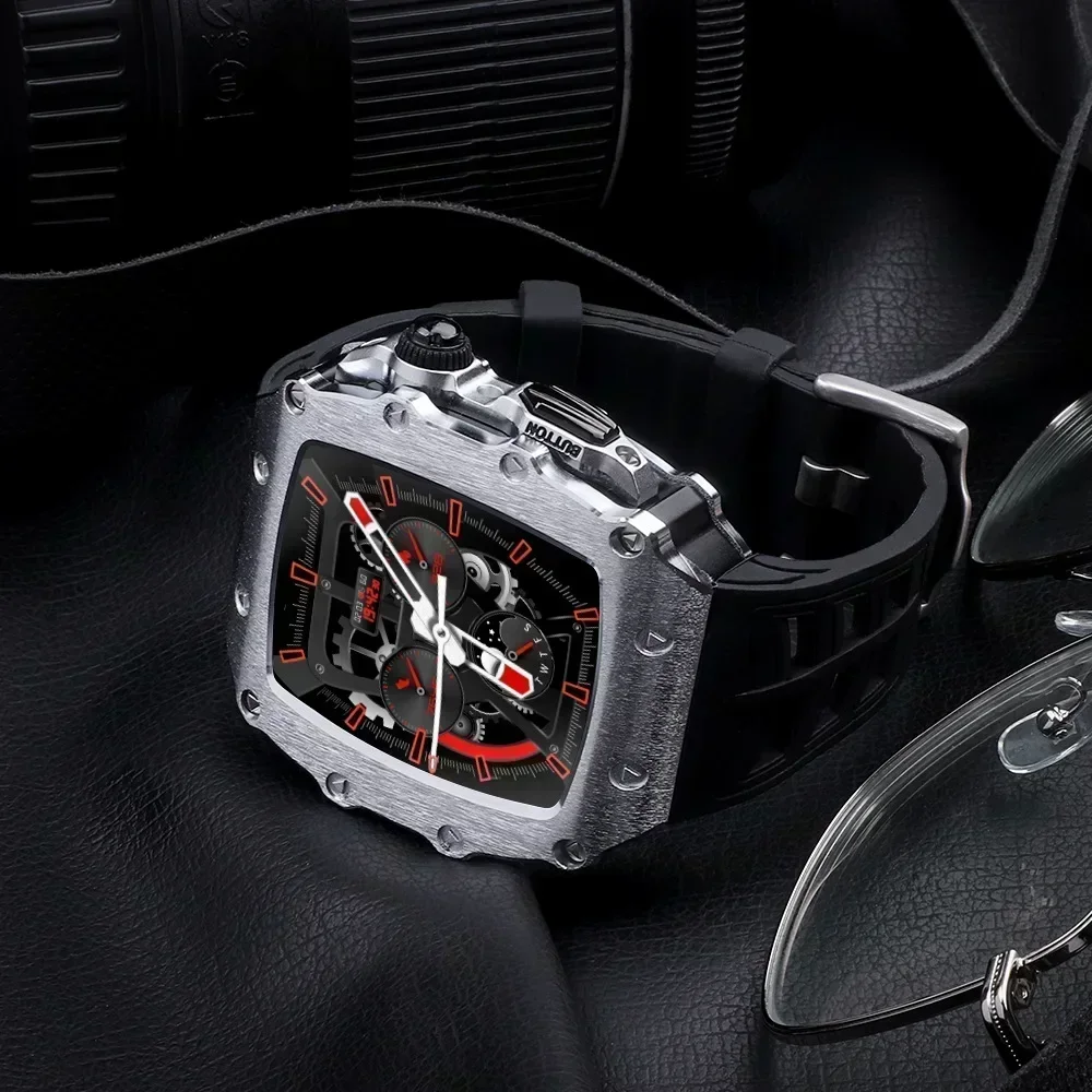 Luxury Modification Mod Kit for Apple Watch Band Case9 8 7 45mm Metal Bezel Frame Fluorine Rubber Strap for IWatch SE 6 5 4 44mm