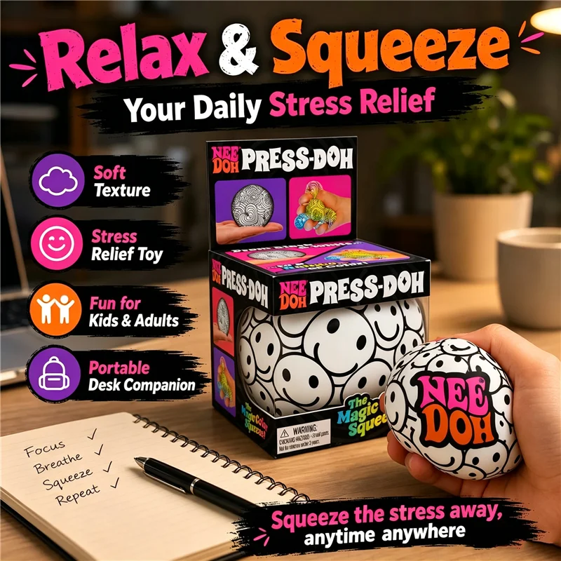 Needoh Press-Doh Magic Color Squeeze Pinch Ball Decompression Anxiety Relief Toy for ADHD Hand Exercise Smooth Touch Sensory Toy
