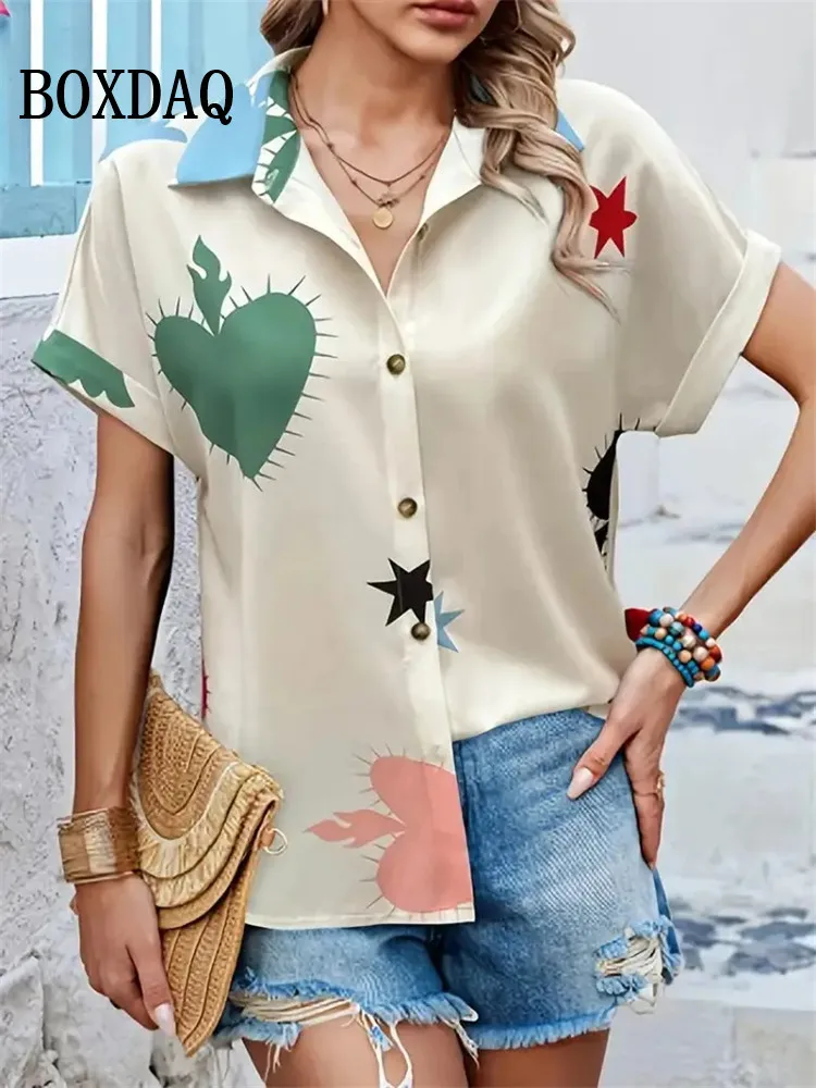 Summer 2025 Women's Short-Sleeved Shirts Abstract Cartoon Painting Print Blouse Fashion Graffiti Kawaii Casual Lapel Button Tops