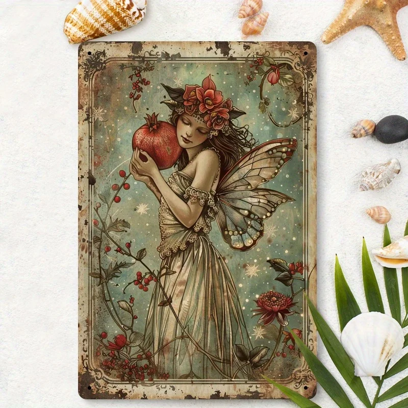 Piece Featuring a Fantasy Fairy with Pomegranates, Metal Sign Made of Iron, Exuding an Extraordinary And Dreamy Atmosphere