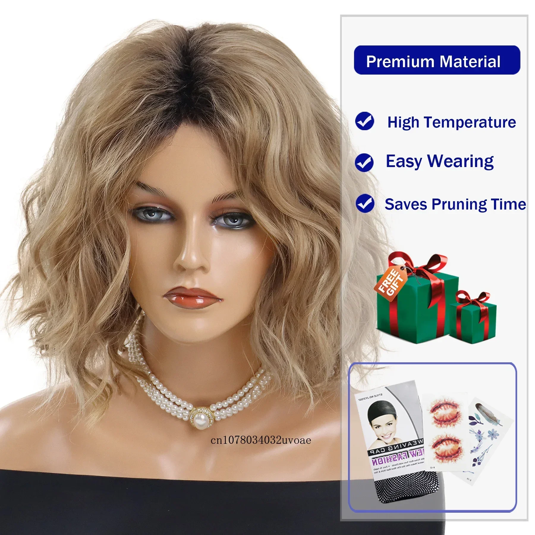 شعر مستعار أشقر متدرج بجذر داكن للنساء، شعر مستعار اصطناعي قصير، شعر مستعار مموج طبيعي، شعر مستعار أنيق للنساء، ألياف الحفلات التنكرية اليومية