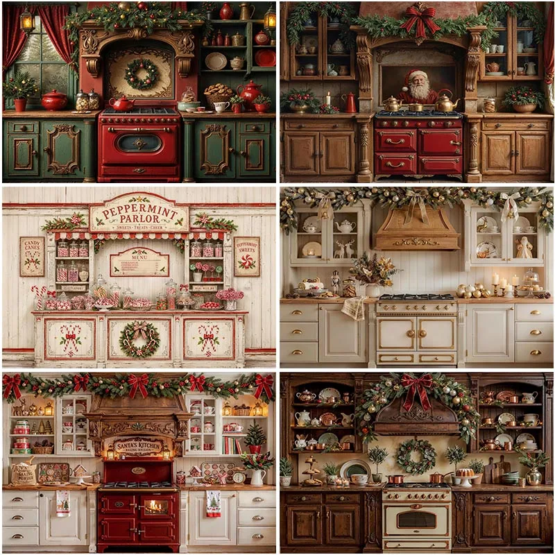 LS Cozy Christmas Kitchen Backdrops Kids Adult Photography Child Baby Photocall Xmas Trees Wooden Cabinets Fireplace Background