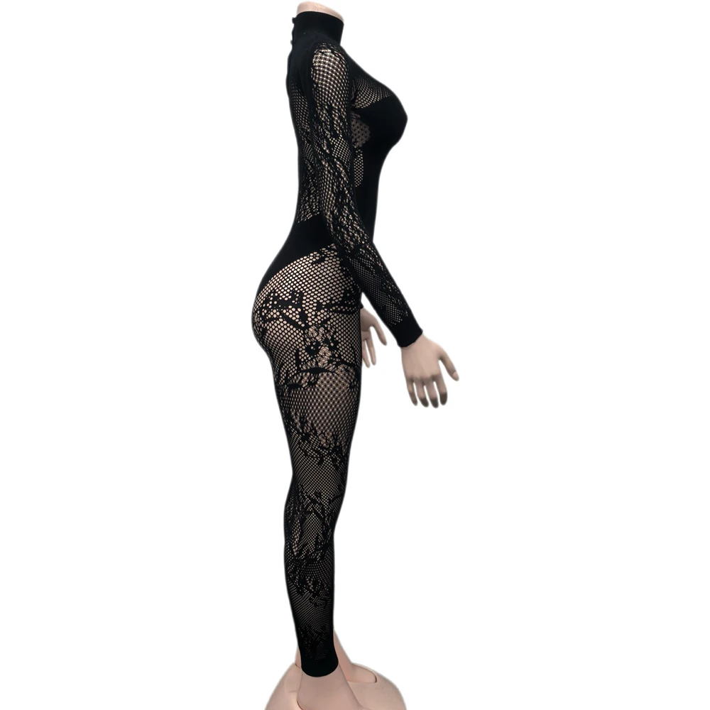 Damen Schwarzer Spitzen-Mesh-Jumpsuit mit hohem Kragen, langen Ärmeln, transparentem Bodycon-Design, sexy Party-Clubwear, hautenges, einteiliges Outfit. – Detail 8