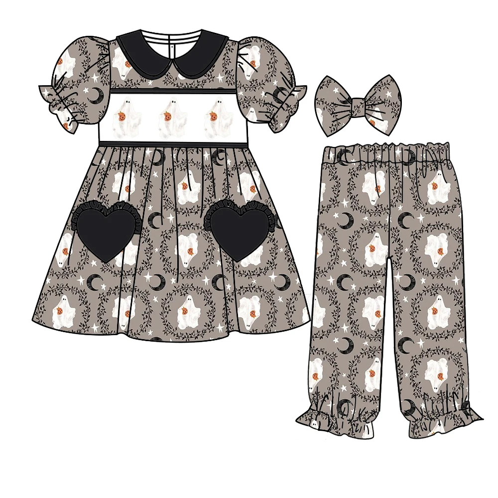 Christmas new green print red lapel long-sleeved trousers children's lapel ruffled boutique pajamas set