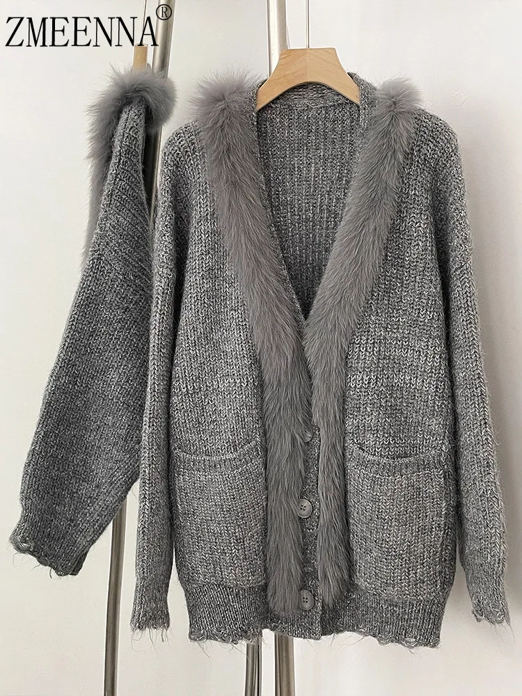 

ZMEENNA Women's Gray Faux Fur Trim Knit Cardigan V-Neck Single Breasted Pockets Warm Winter Outerwear ZM4209