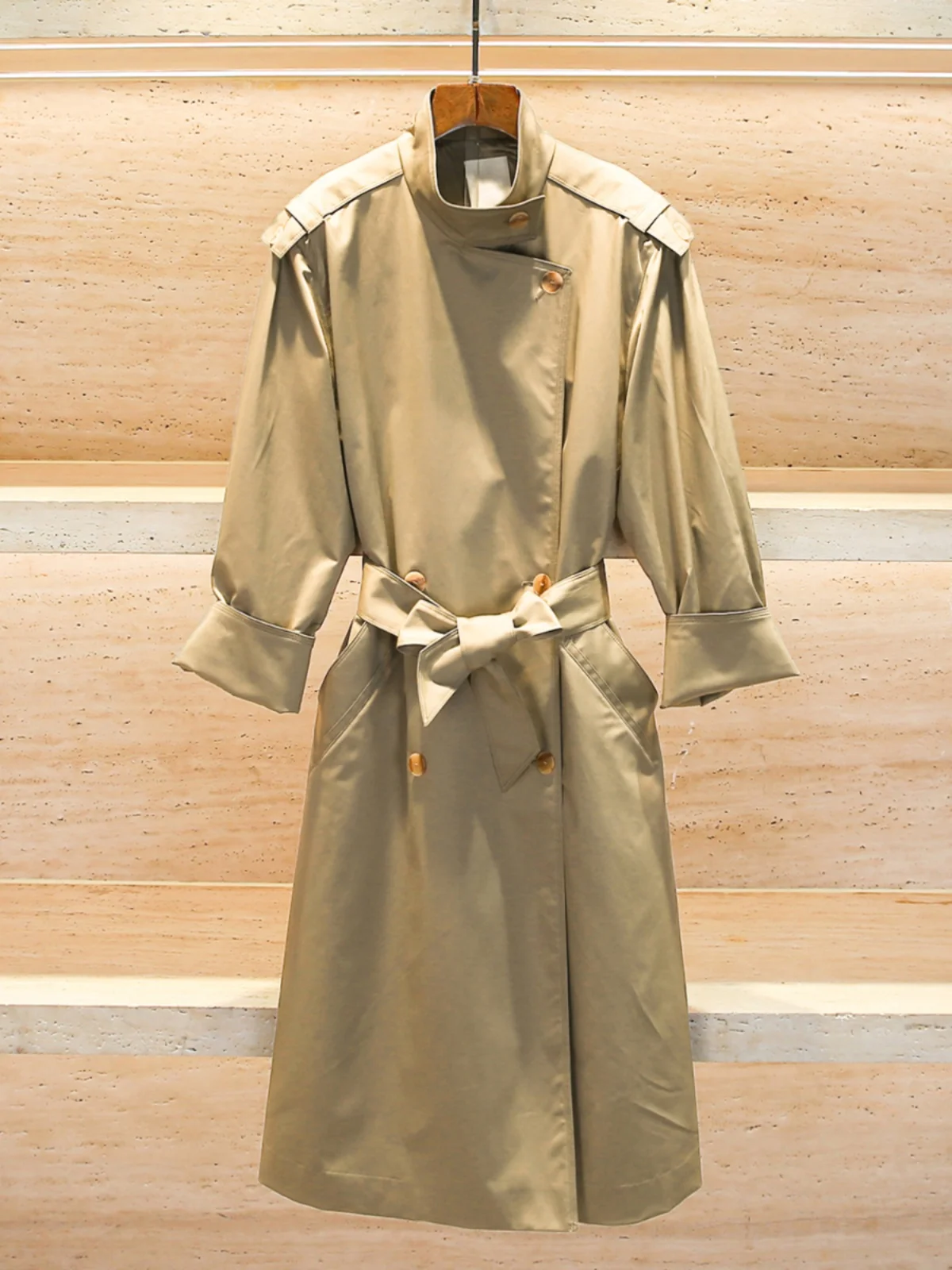 

een Stand Collar Waist Cinched Belted Midi Length Jaet Outerwear Ele Women's Spring Faion Simple Sle Polyester Fiber