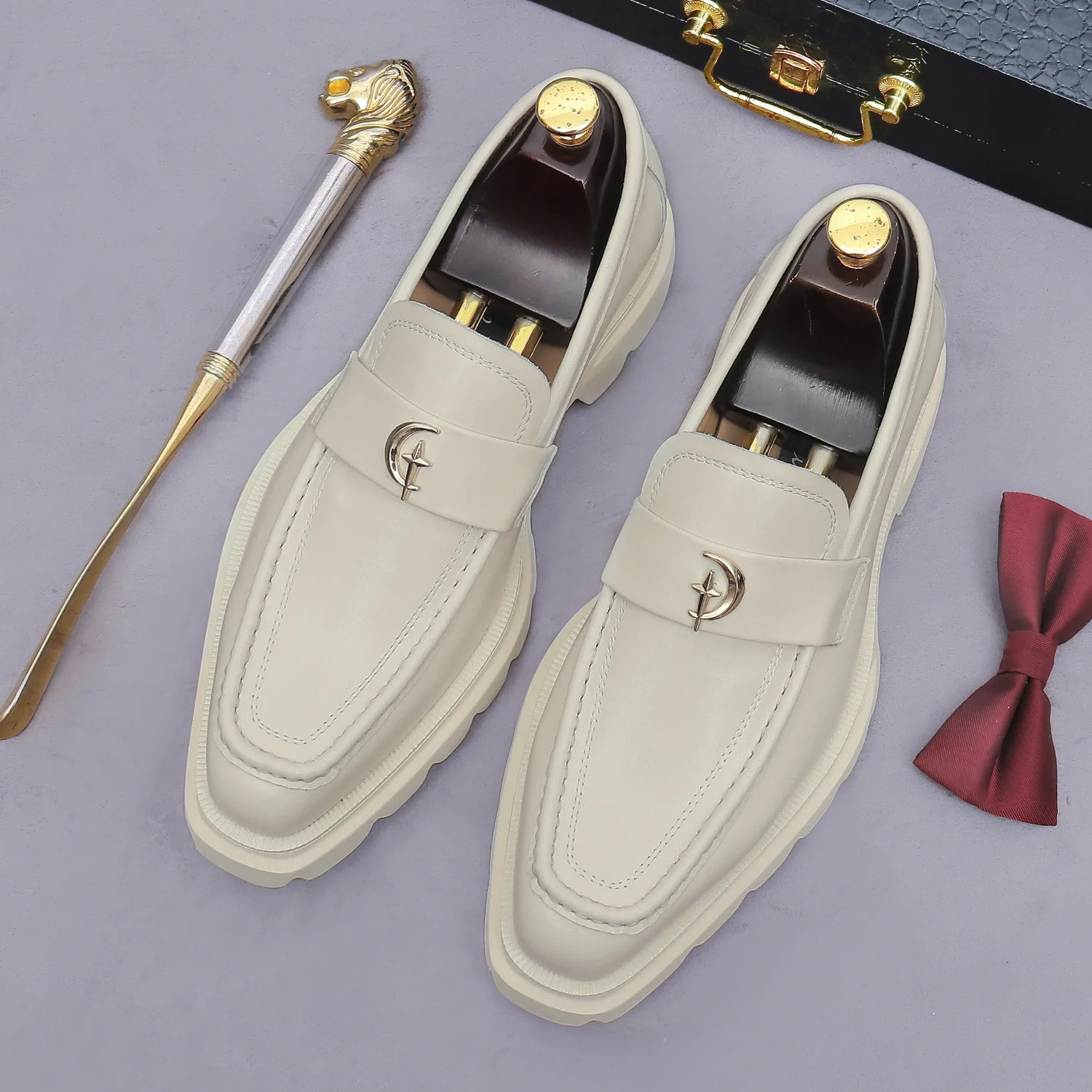 Chunky Sole Penny Loafers Genuine Leather Slip On Dress Shoes Metal Buckle Decor Pointed Toe Luxury Social Footwear for Daily