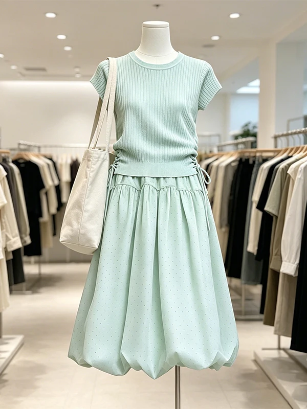 

Large Size Women's Summer New Drawstring Short Sleeve Top And Polka Dot Bloomer Skirt Two-Piece Set Korean Style Commute
