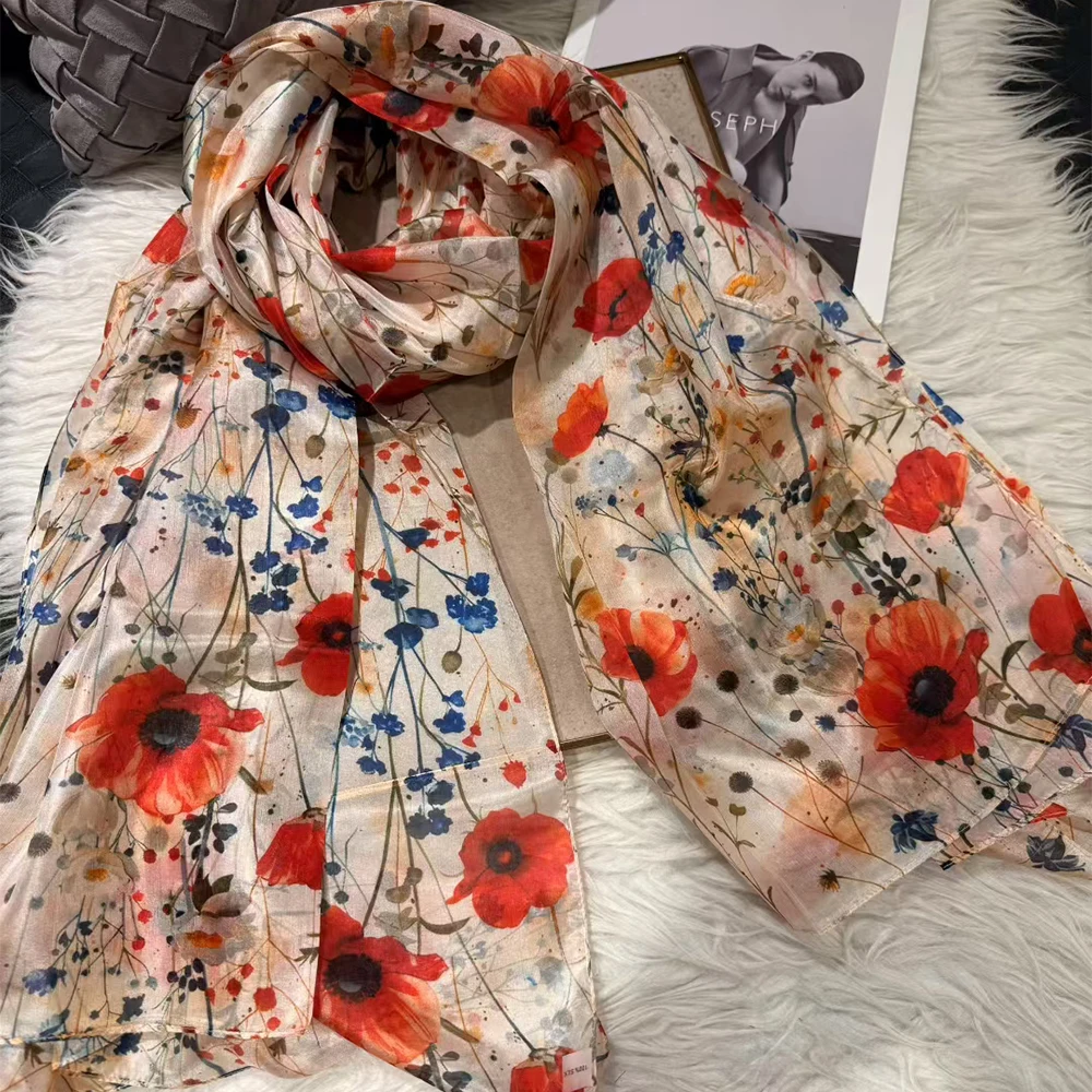 

БИСИФА | Новый красный шелковый шарф, шаль, осень-зима, цветочный дизайн, женские длинные шарфы, хиджабы, брендовые летние женские пляжные шелковые платки, платок