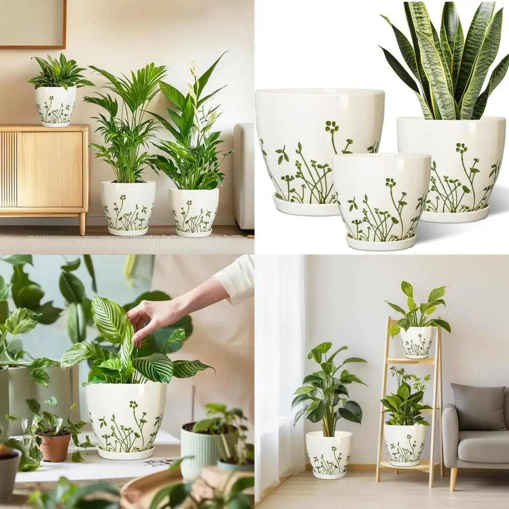 

Set of 3 White Boho Style Ceramic Planters with Drainage for Indoor & Outdoor Plants, 10, 8, 6 Inches