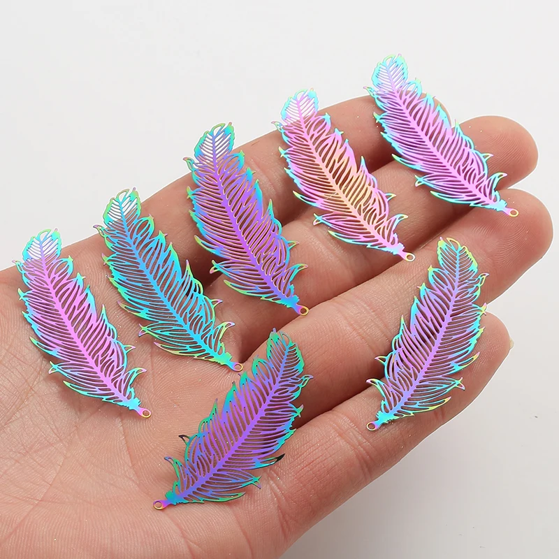 New 10pcs/lot Rainbow Stainless Steel Feather Moon Cat Hollow Pendant Charms DIY Necklace Earring for Jewelry Making Accessories