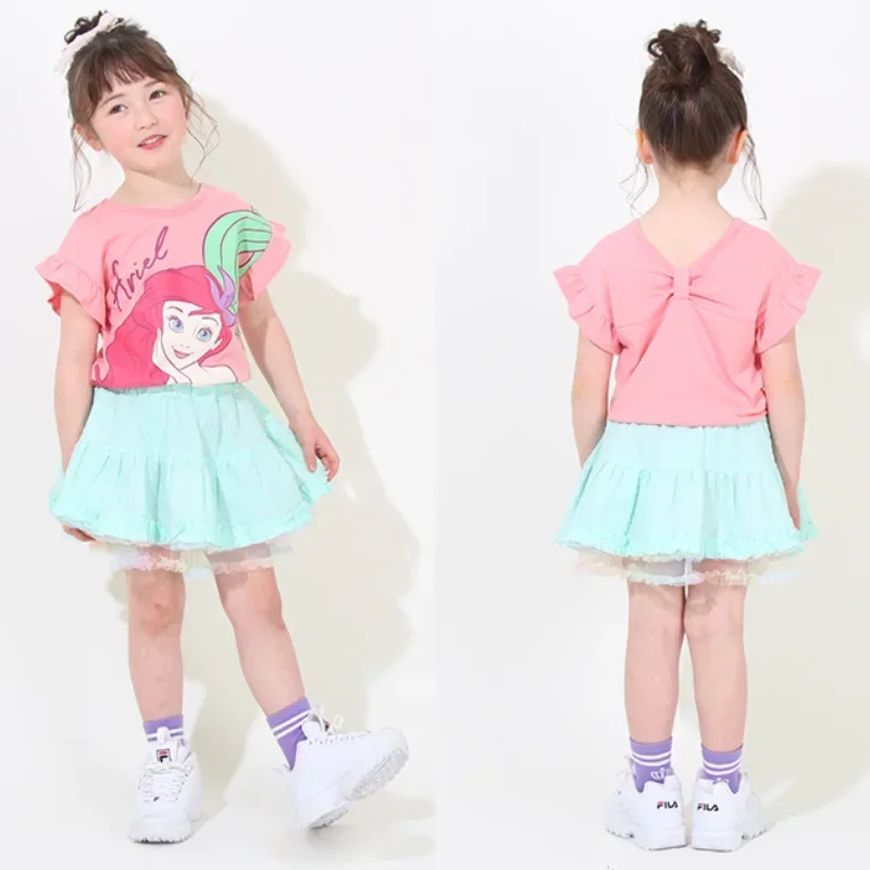 New Summer Kids Girls Princess T-shirt Cotton Cartoon Printed Mermaid Belle Rapunzel Short Sleeved Cute Thin Tee K6722