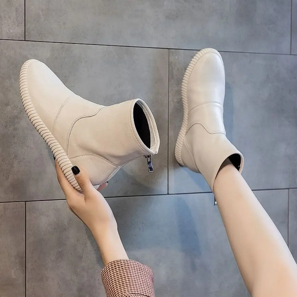 Booties Wedges Elegant with Low Heels Short Shoes for Women Black Female Ankle Boots Round Toe Footwear New in Winter 2024 Sale