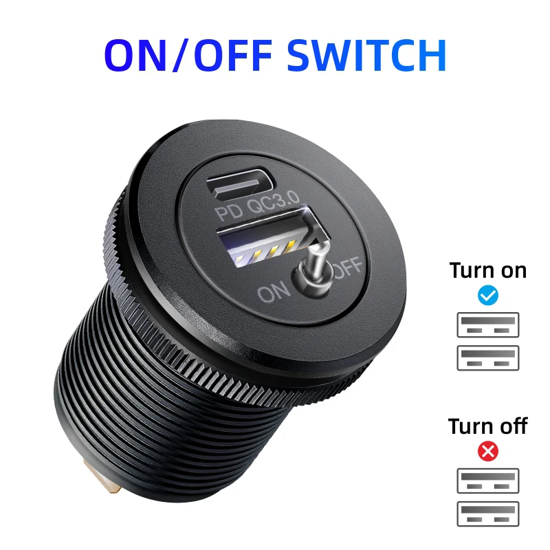 12V/24V USB Outlet SOCKET 36W 2Port Dual PD USB C Car Charger Socket and Quick Charge 3.0 USB Charger with Power Switch