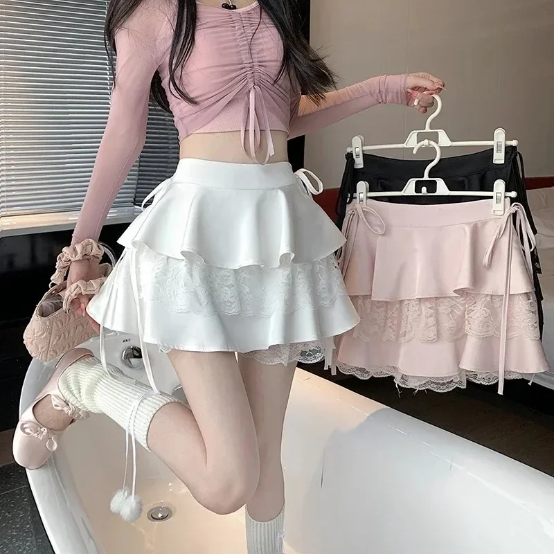 Pink Ruffle Mini Skirt Women Fairycore Lace Double-layer Cute High Waist Bandage Sexy Short Skirt Coquette Lolita