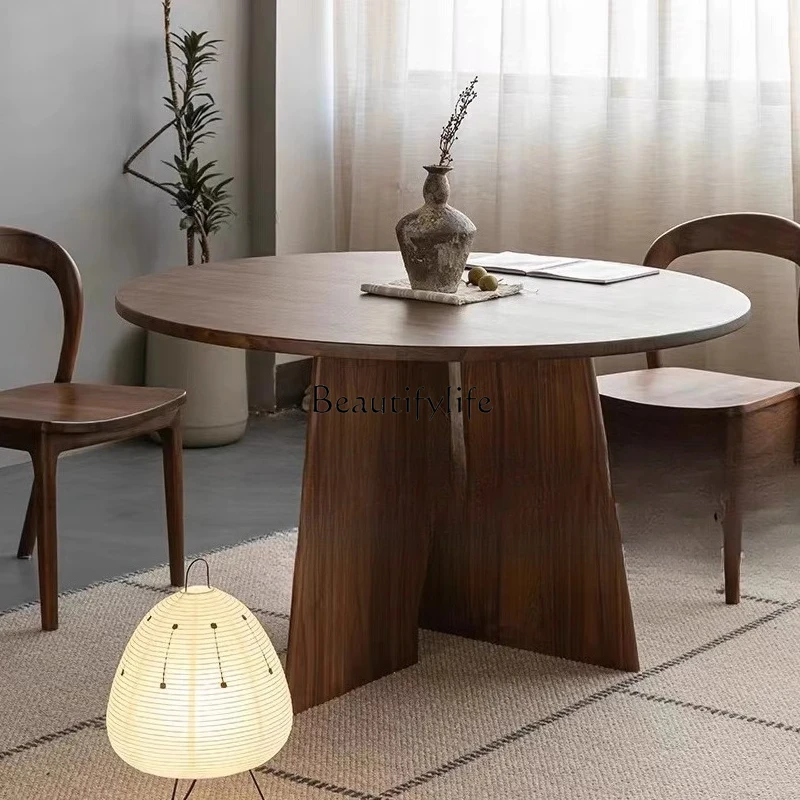 

Medieval solid wood natural travertine wabi wind dining table round household