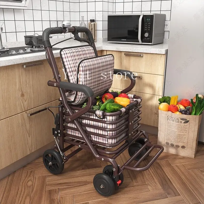 

Elderly scooter shopping cart folding seat can sit four wheels to buy food, walking can push small cart, elderly trolley