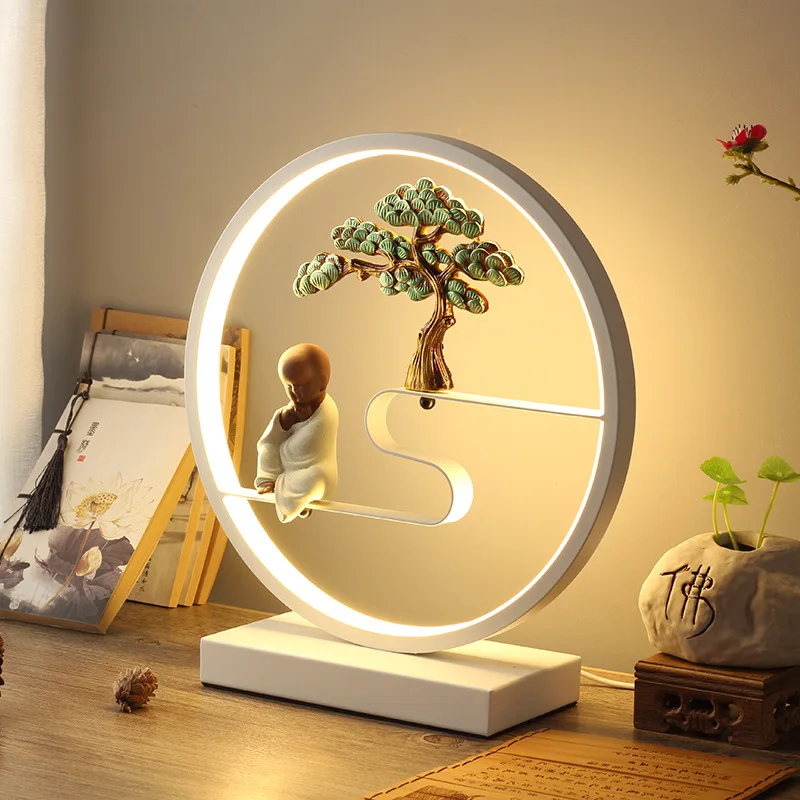 Circle 10W LED Chinese Style Bedroom Bedside Lamp Plug-in Portable Desk/Table Light Retro Resin Zen Monk Switch Night Lighting