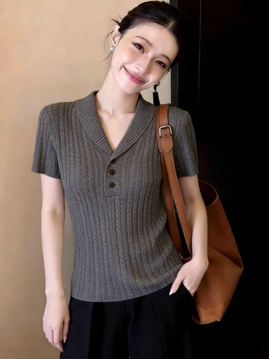 

Summer Collar Ice Silk Knitted Short Sleeve T-Shirt Women's Slim Fit Fashion City Walk Top Polyester Fiber Regular Sleeve