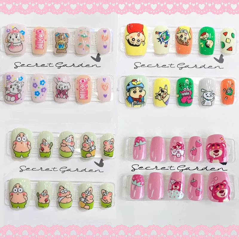 Cartoon Shin-chan Hello Kitty Pochacco Cute Press-on Fake Nail Hand Drawn Doodles Removable Reusable Girls Cat Eye Decorate Gift