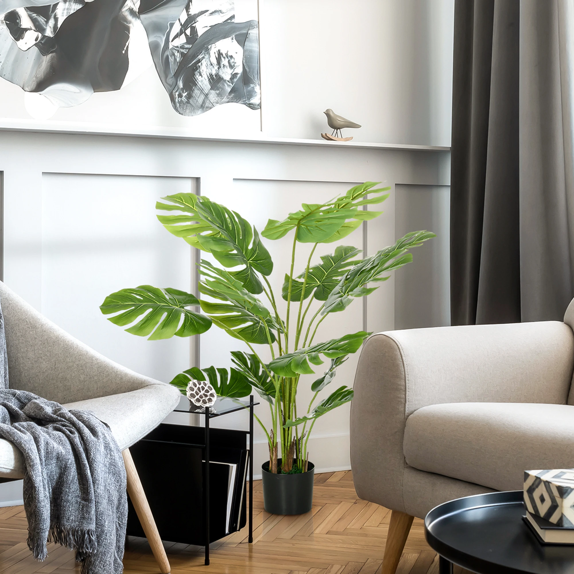 HOMCOM Kunstplanten, Kunstmatige Monstera Deliciosa, 120 cm Kunstplant met 15 Takken, Binnenplant, Kunstboom, Decoratieve Plant voor Binnen, Groen