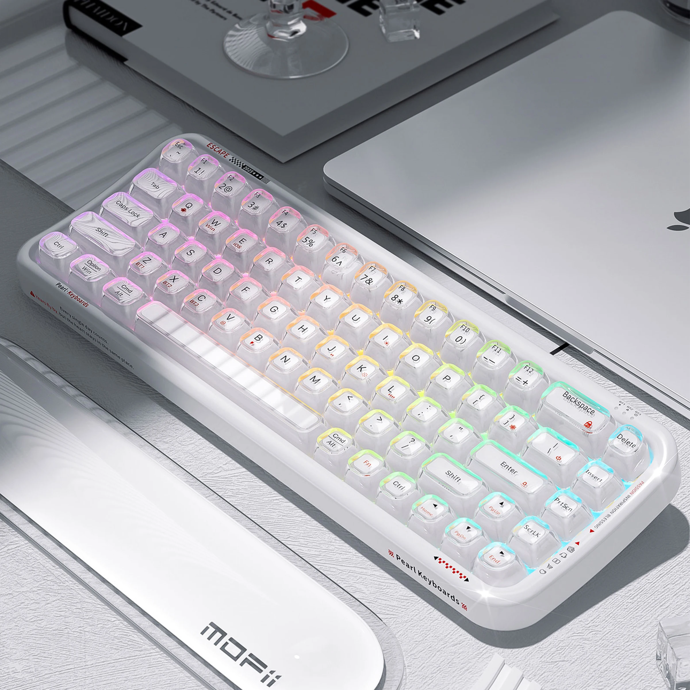 MOFii Pearl Semi-Transparent Tri-Mode Wireless Keyboard, 68 Keys 75% Compact Layout, RGB Backlit Double Shot Keycaps for Office