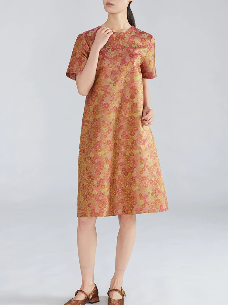 

Handmade button-up new Chinese-style Song brocade silk dress 100 mulberry silk national style short sleeves