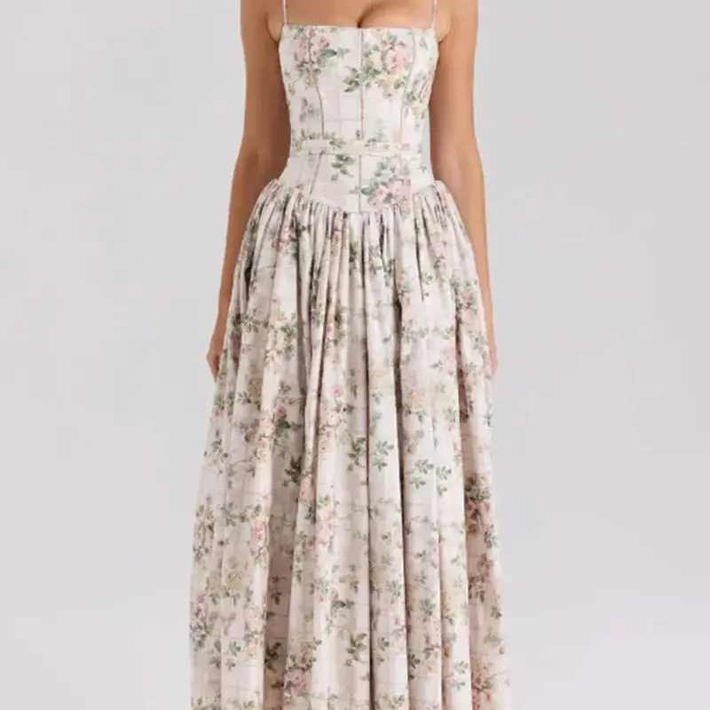 Elegante bloemen lange zonnejurk dames hoge taille uitgeholde jurk witte zonjurken zomer 2025, nieuw in avond afstudeerfeest - afbeelding 2