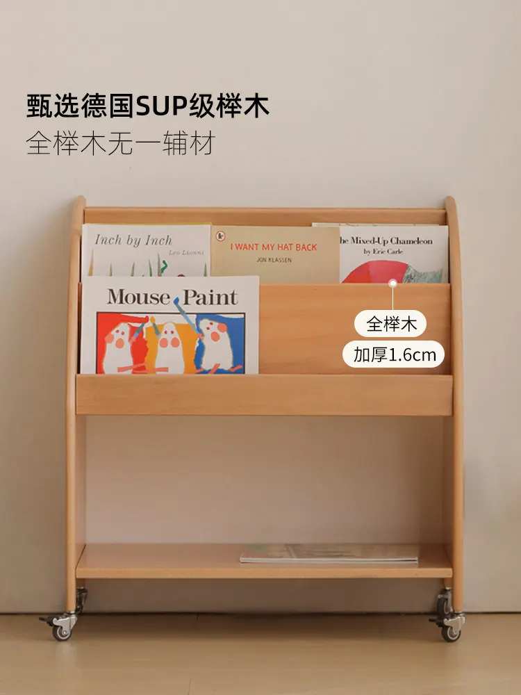 Solid wood beech mobile bookcase, trolley shelf, multi-functional storage