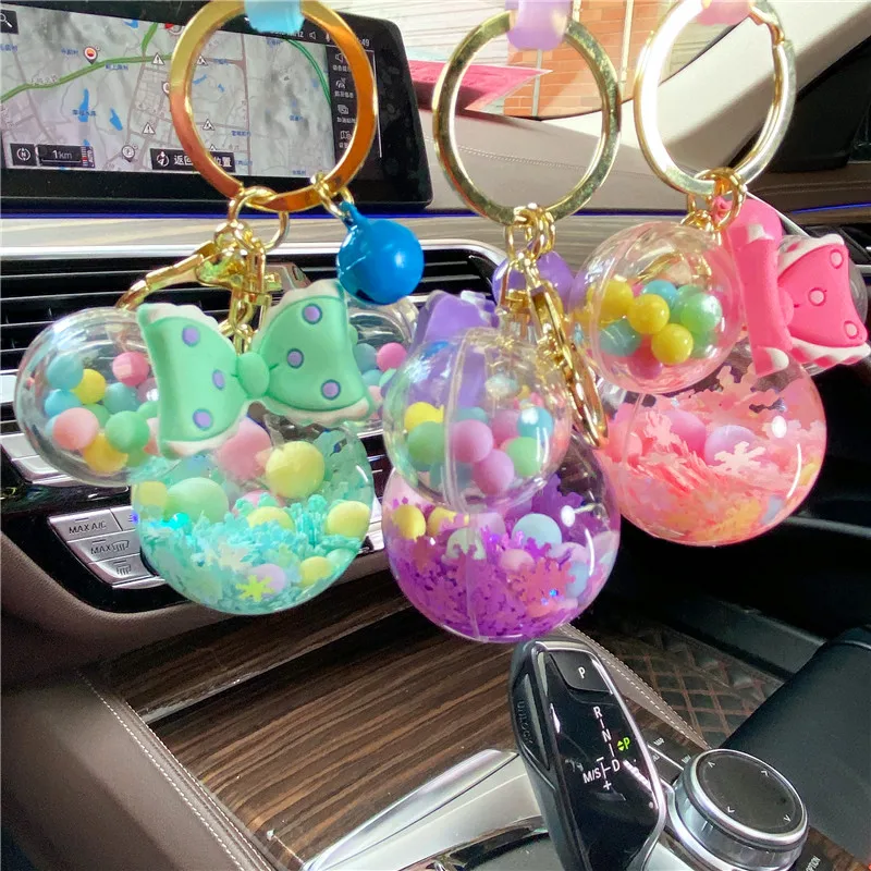 Creative Liquid Mouse Head Keychain Colourful Lucky Bow Tie Quicksand Floating Key Ring Pendant Gift for Women Couple Jewelry