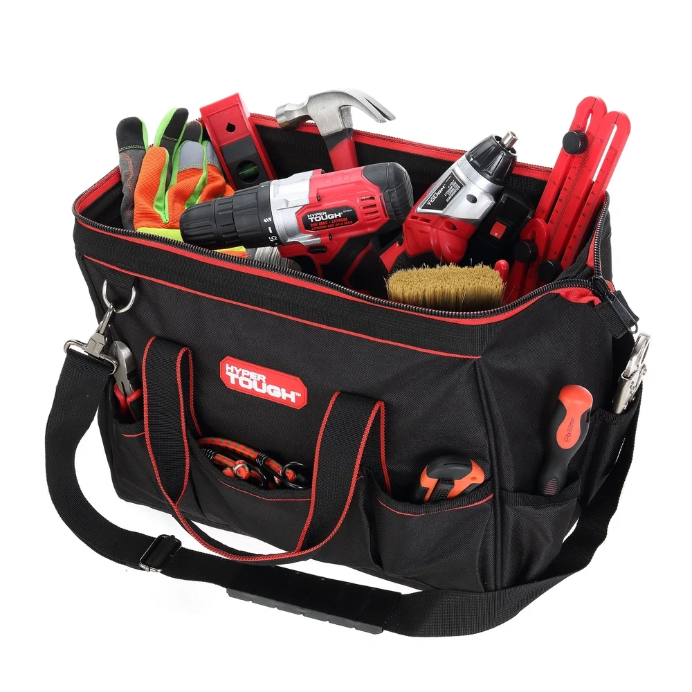 Borsa per attrezzi a bocca larga da 15 pollici con 8 tasche interne 10 tasche esterne Tracolla regolabile Strumenti di progettazione con cerniera durevole