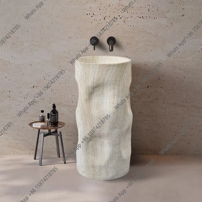 

Wabi Sand wind travertine column basin integrated floor-to-ceiling washbasin balcony outdoor art washbasin vertical washbasin