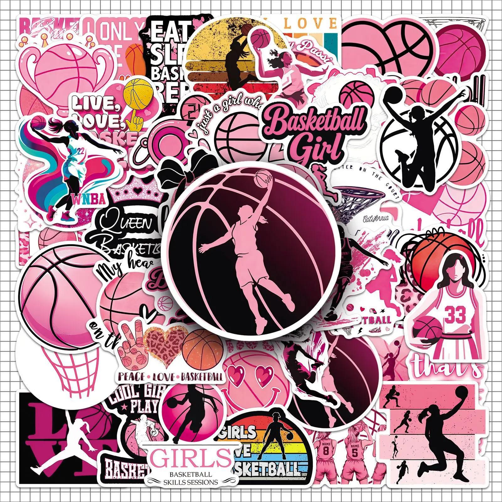 10/30/50PCS Pink Basketball Stickers Waterproof Vinyl Decals for Girls Water Bottle Laptop Scrapbook DIY Sports Decor