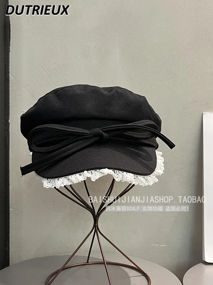 

Новый милый берет для девушек в японском стиле милые кружевные кепки с бантом для женщин Высокий чувственный однотонный темно-синий Модный берет с плоским верхом