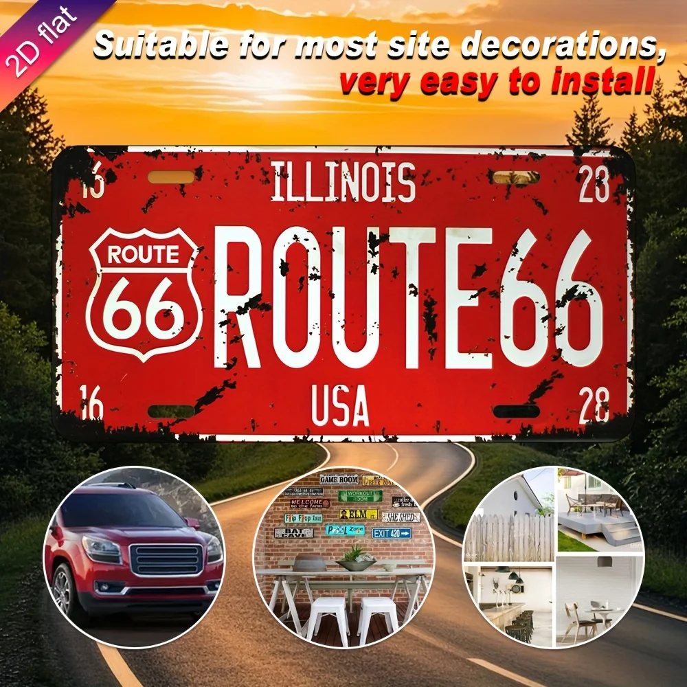 ديكور حائط لوحة ترخيص معدنية - تصميم Route 66 Retro، شطرنج مطبوع بالأشعة فوق البنفسجية، ديكور فني جداري داخلي وخارجي متين، مناسب