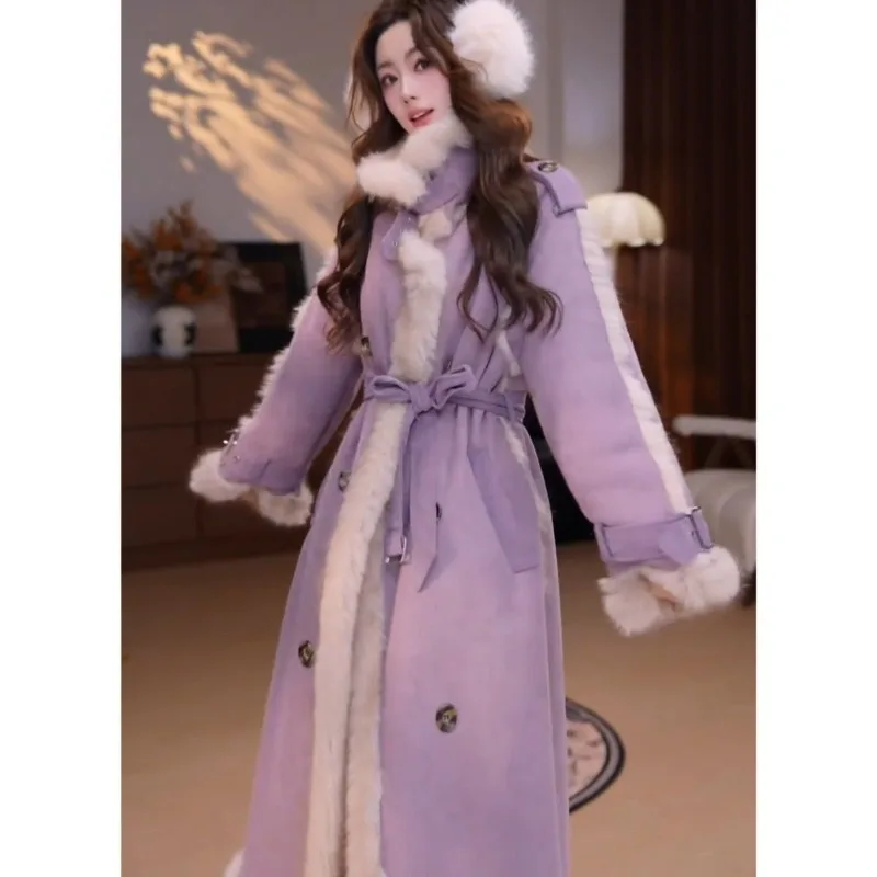 겨울 신상 기품 있는 스탠드 칼라 스웨이드 퍼 일체형 코트 2026 여성용 중장기 두꺼운 따뜻한 인조 퍼 코트
