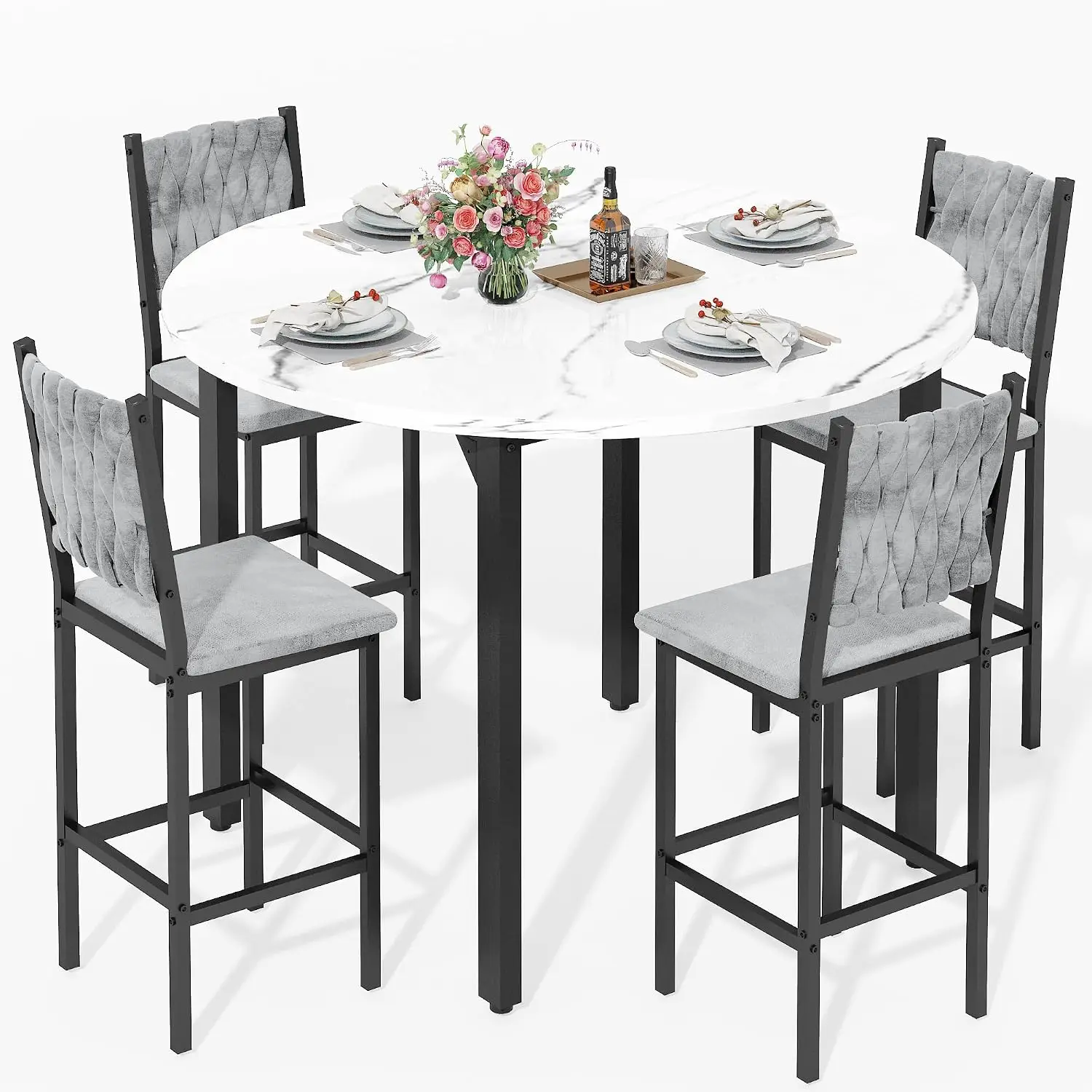 Round Dining Table & Stools Set Gray Velvet Counter Height Kitchen Furniture 4 Seats, Easy Assembly, Apartment, Customized