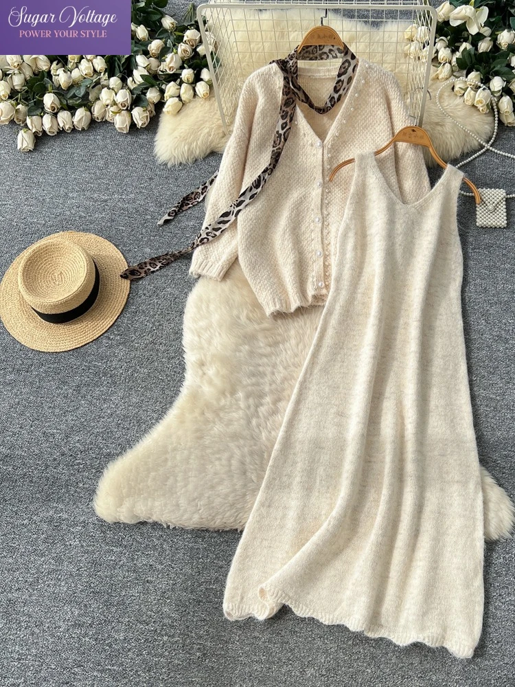 

Elegant Vintage Casual 2 Piece Set Women Pearl-Embellished Knit Cardigan + Sleeveless Slip Maxi Dress Autumn Winter Chic Outfit