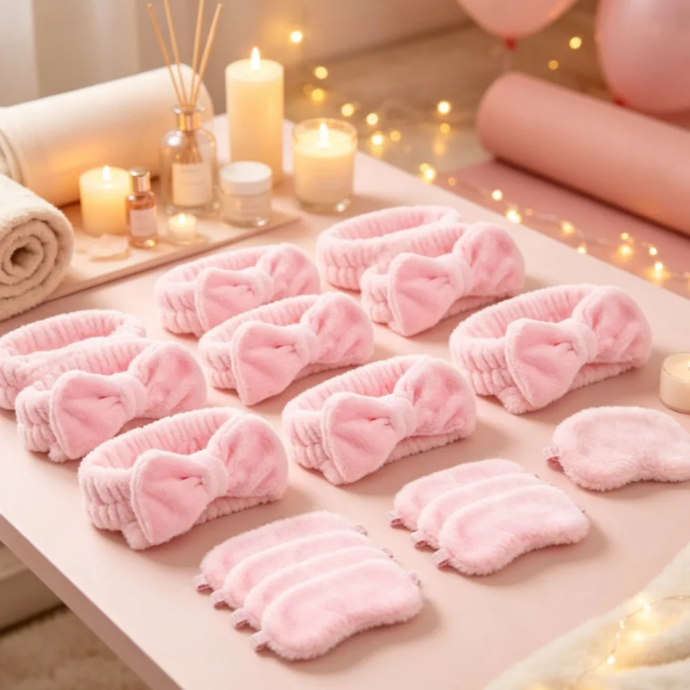 12 Sets Pink Bow Spa Headband and Eye Mask Bulk Plush Hair Band Skincare Yoga Sleepover Christmas Women Party Favor Gifts