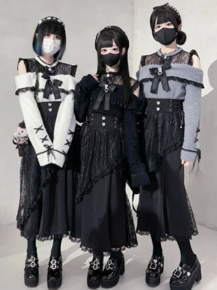 Harajuku Kawaii Lolita Kant Vissenstaart Rokken Y2k Slanke Taille Zwarte Rok voor Vrouwen Herfst Subculturele Mid-lengte Faldas mujer