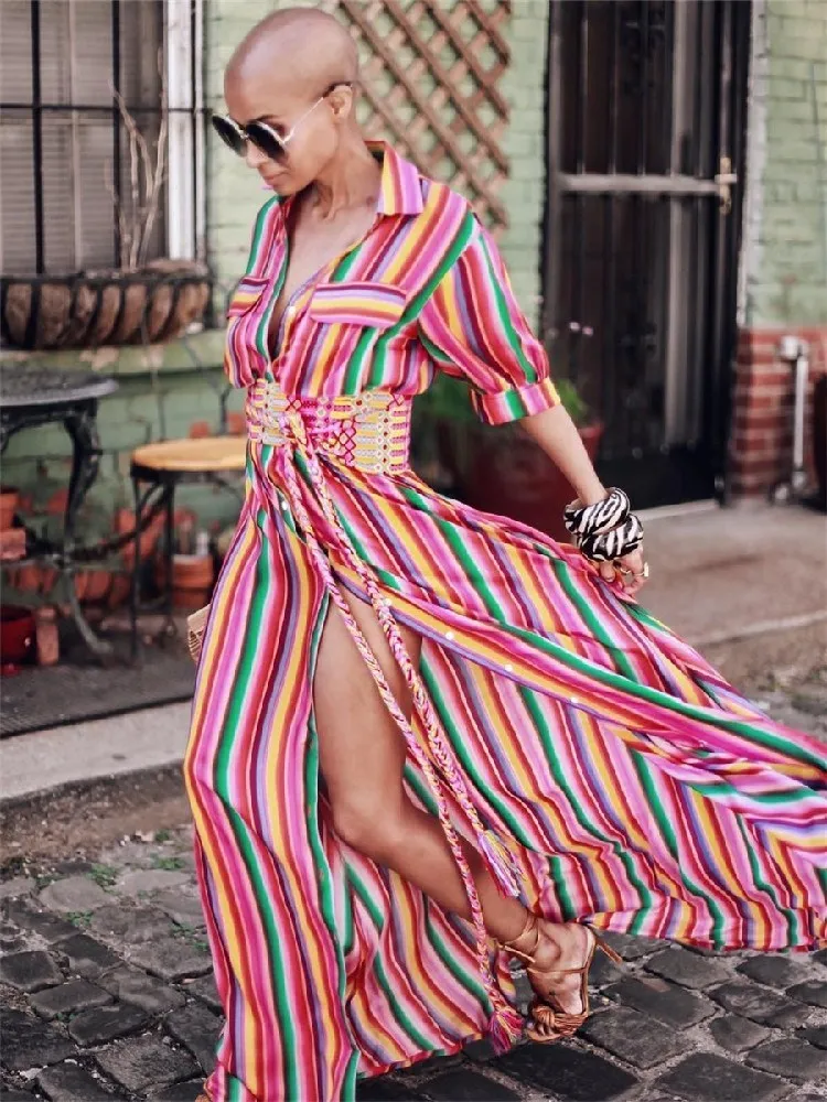 Women's Summer Faion Long Sve Loose Casual Rainbow Stripe Print A-Line Long Dr Street Sle V-Ne Midi Skirt