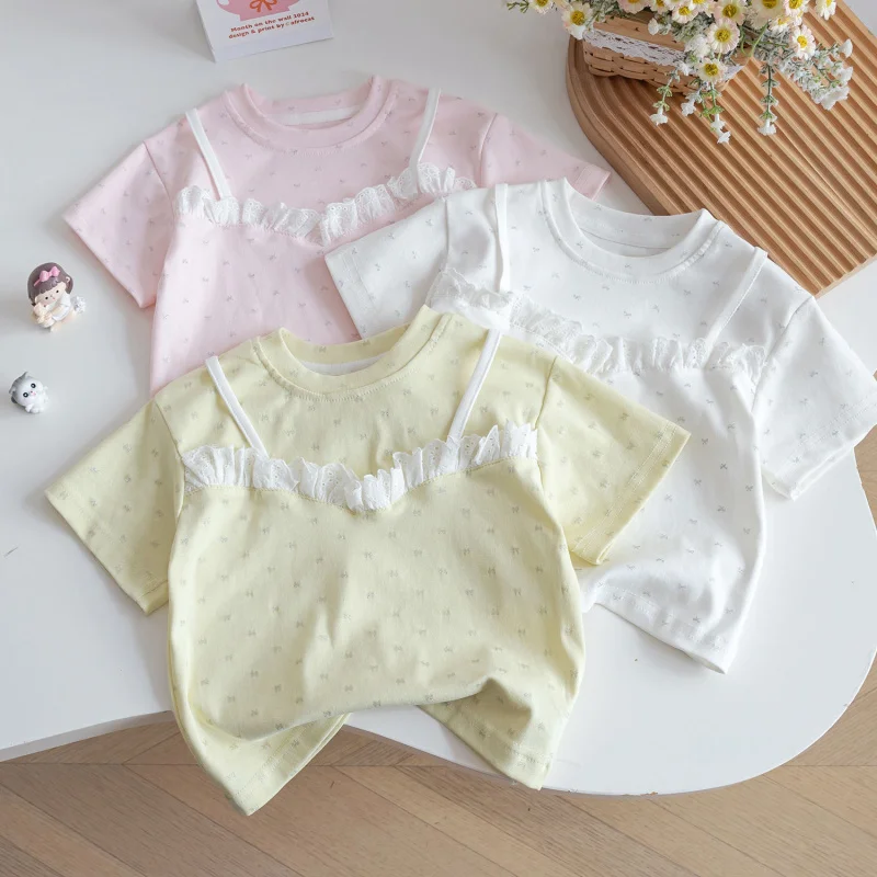 

Girls' Summer Casual Lace PatchworkTT-shirt2025New Versatile Floral Cute Fake Two-Piece Short Sleeve Base Shirt
