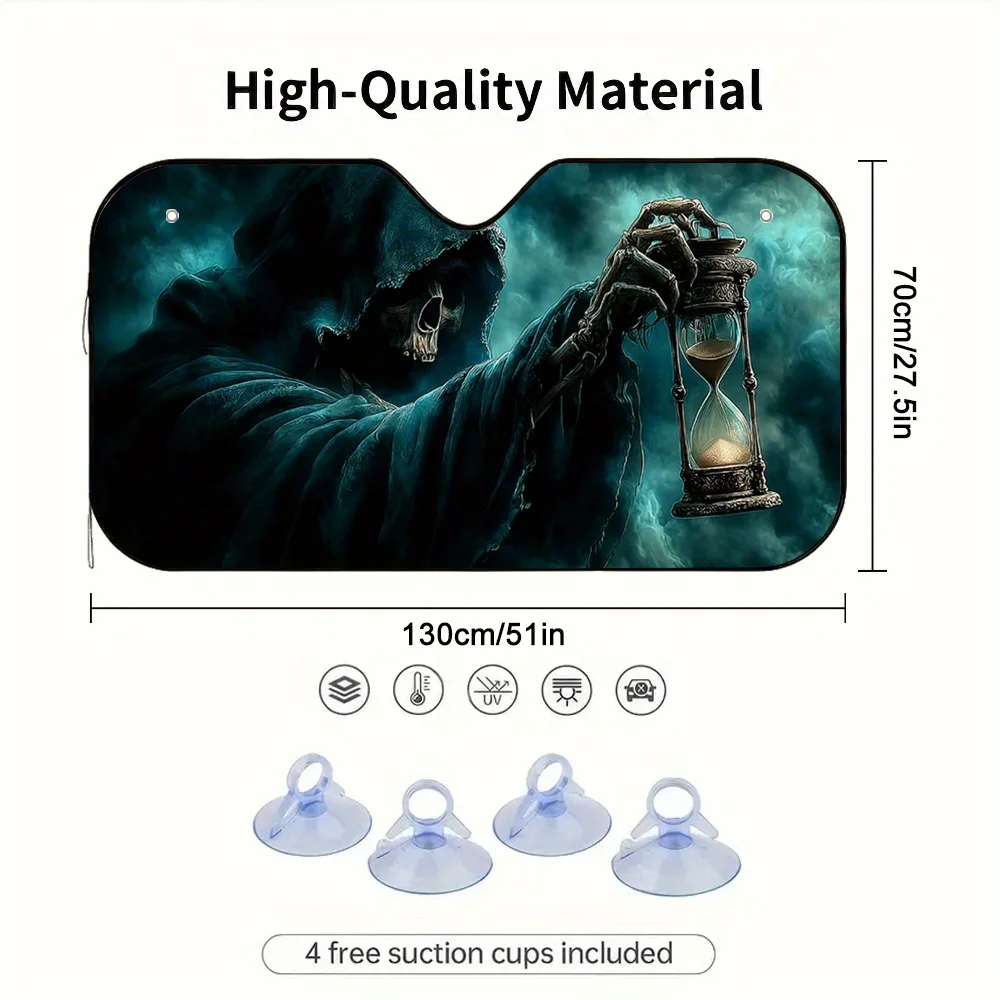 2D Flat Halloween Dark Hooded Figure Print Car Sunshade Stylish Functional Includes 4 Suction Cups for Easy Setup Foldable