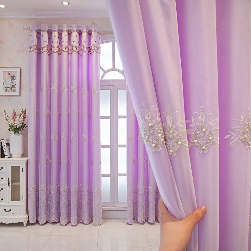 European Curtain with Valance Attached Double Layer Curtain for Living Room Flower Embroidered Curtain with Beads for Bedroom