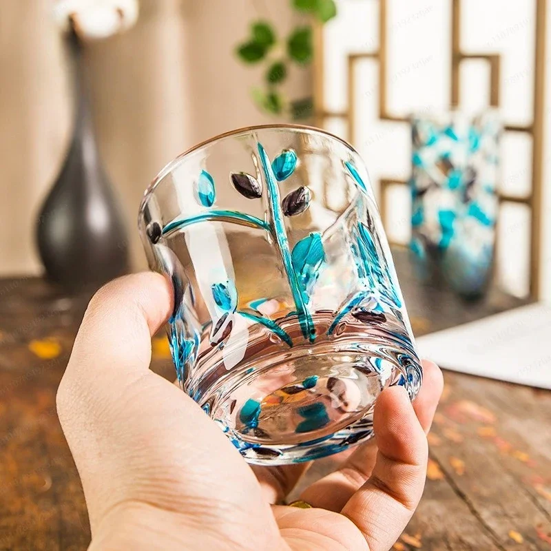 Creative hand painted branch glass engraved water cup ins relief colored leaf cup