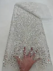 Hand Made Beaded Lace Fabric 2025 African Tulle Lace French Lace Fabric Nigerian Fabric for Party 5Yards NRF5877
